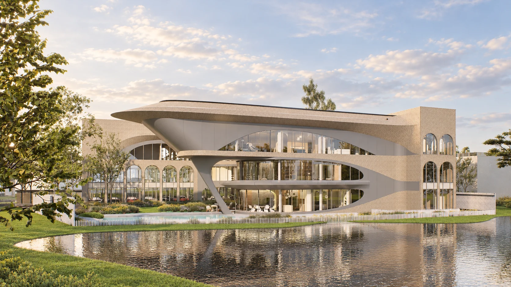 FS House facade and curved roof, architectural visualisation
