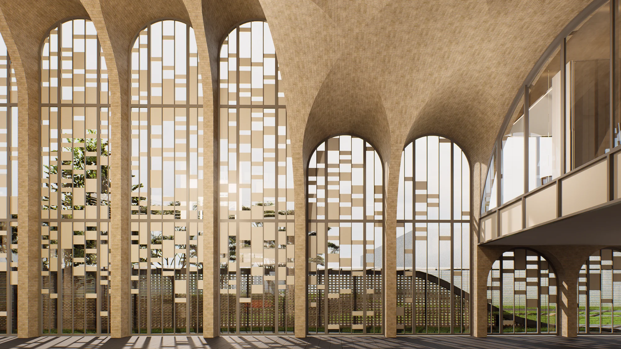 FS House vaulted interior with tall glazed openings, architectural visualisation