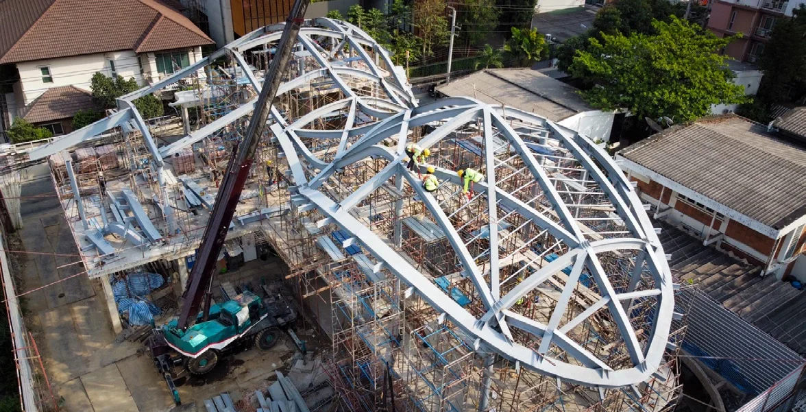 Steel roof structure of S Pavilion during construction